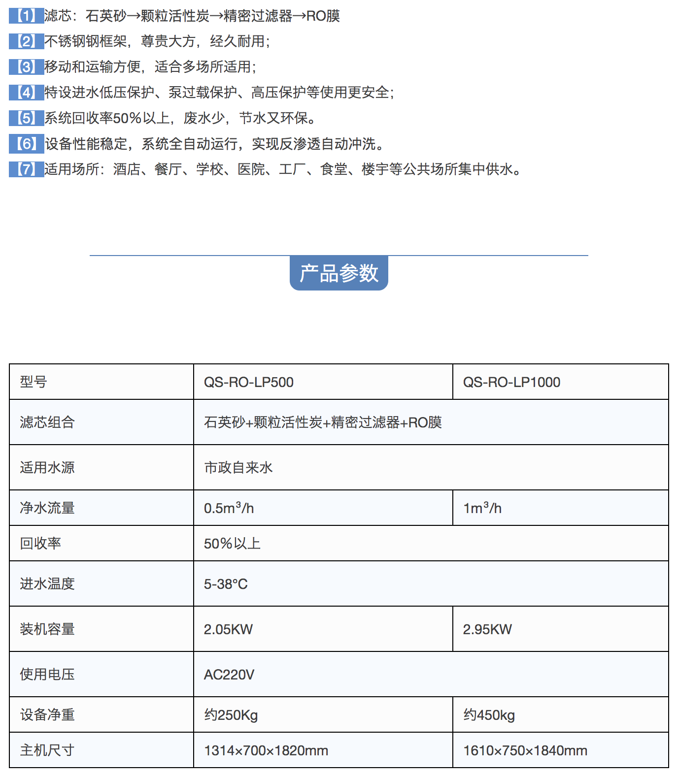 沁园商用纯水设备QS-RO-LP500、QS-RO-LP1000